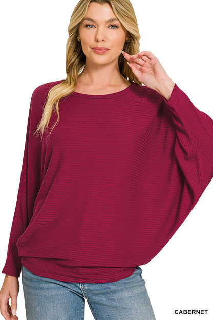 Zenana-RIBBED BATWING LONG SLEEVE BOAT NECK SWEATER