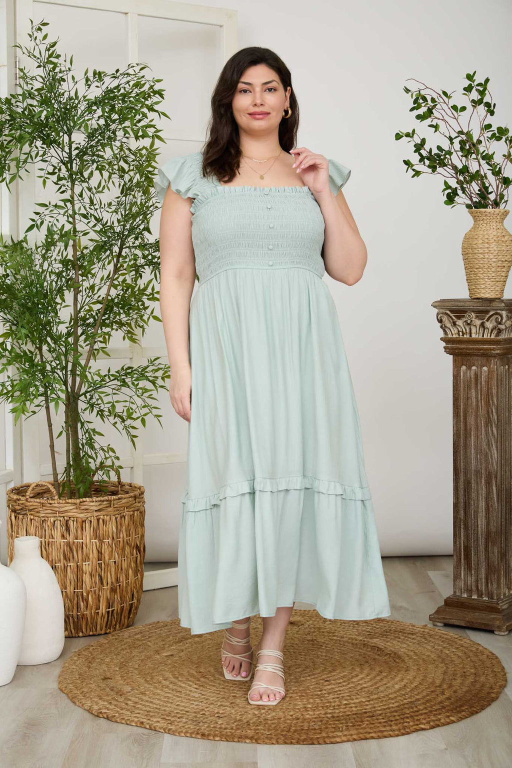 Plus Size Blu Pepper Mock Button Down Ruffle Detail MIDI Dress