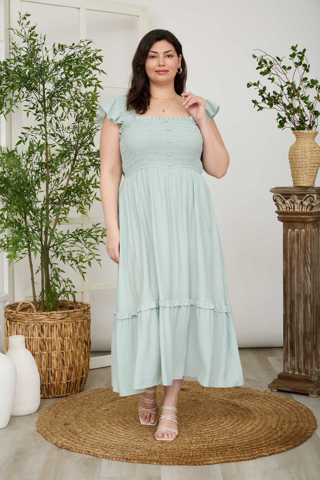 Plus Size Blu Pepper Mock Button Down Ruffle Detail MIDI Dress