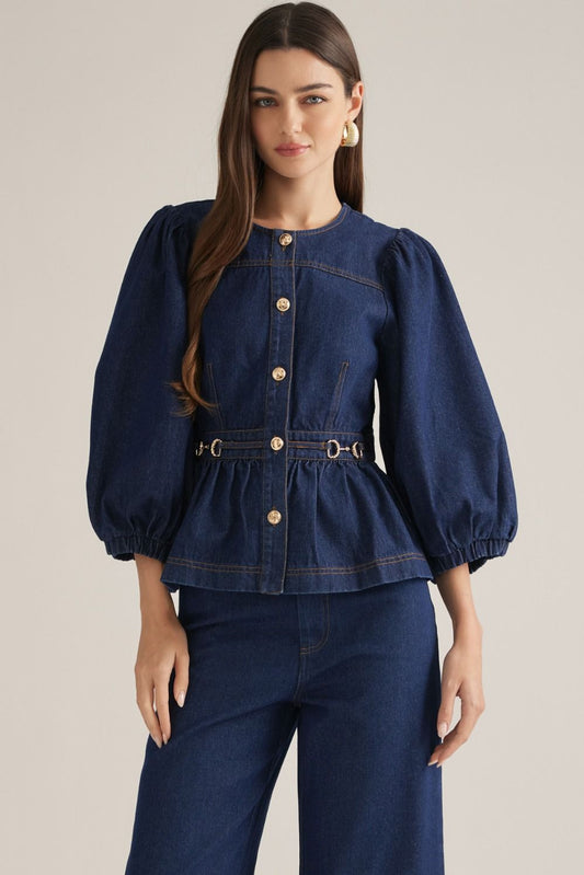 Entro-Solid ¾ puff sleeve denim top with round neckline and button closure at front