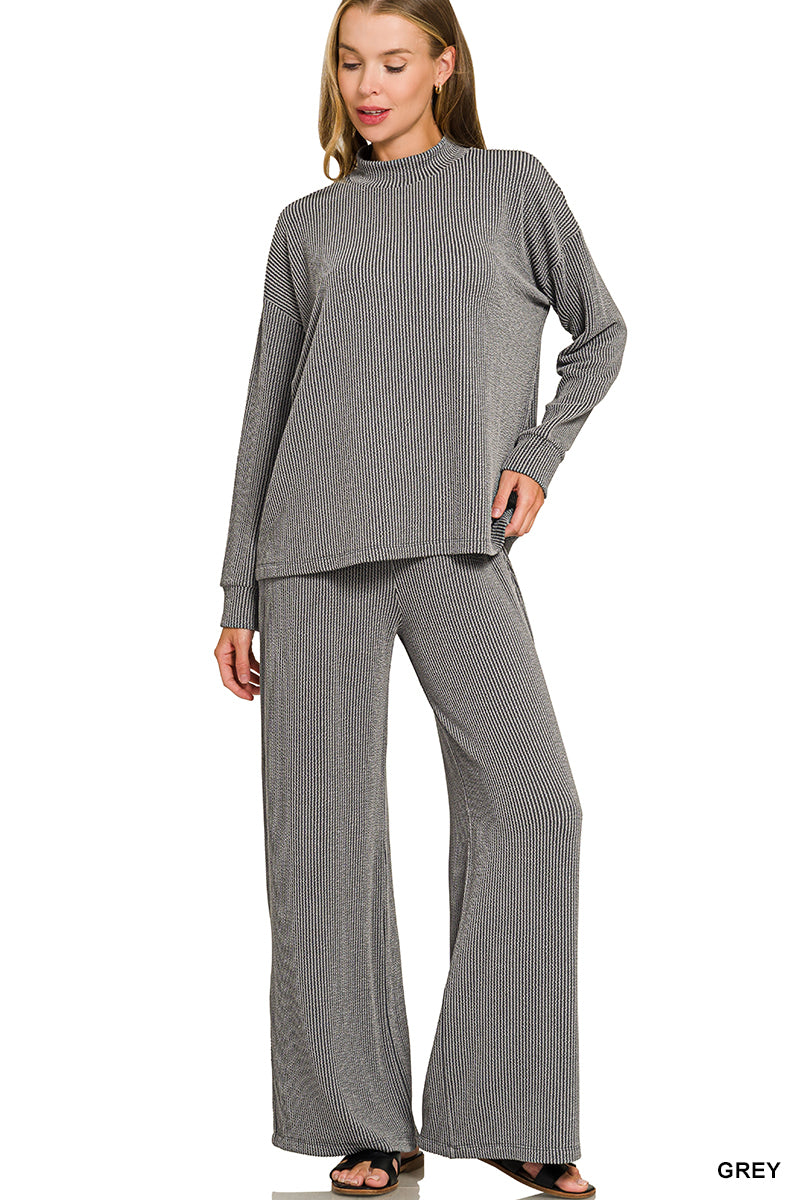 Zenana-RAISED RIB MOCK NECK LONG SLEEVE TEE & PANTS SET