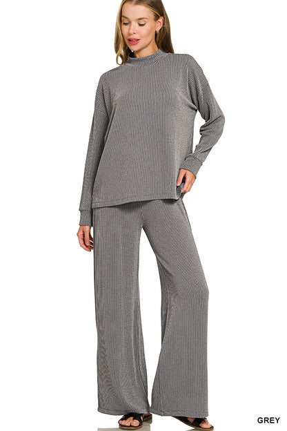 Zenana-RAISED RIB MOCK NECK LONG SLEEVE TEE & PANTS SET