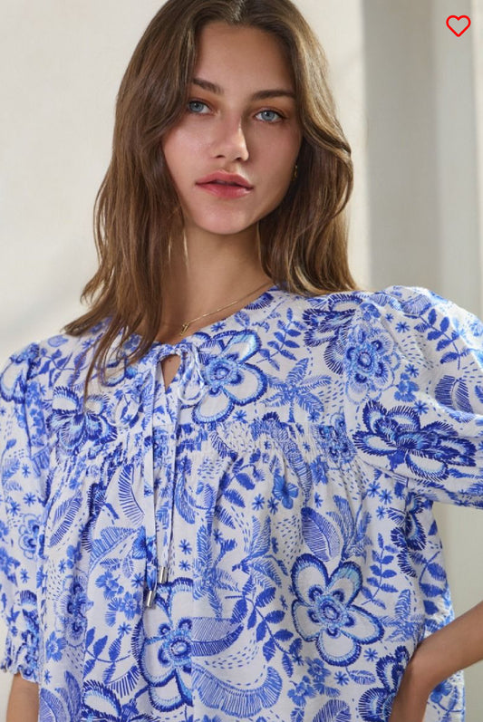 Summer resort printed short sleeve blouse