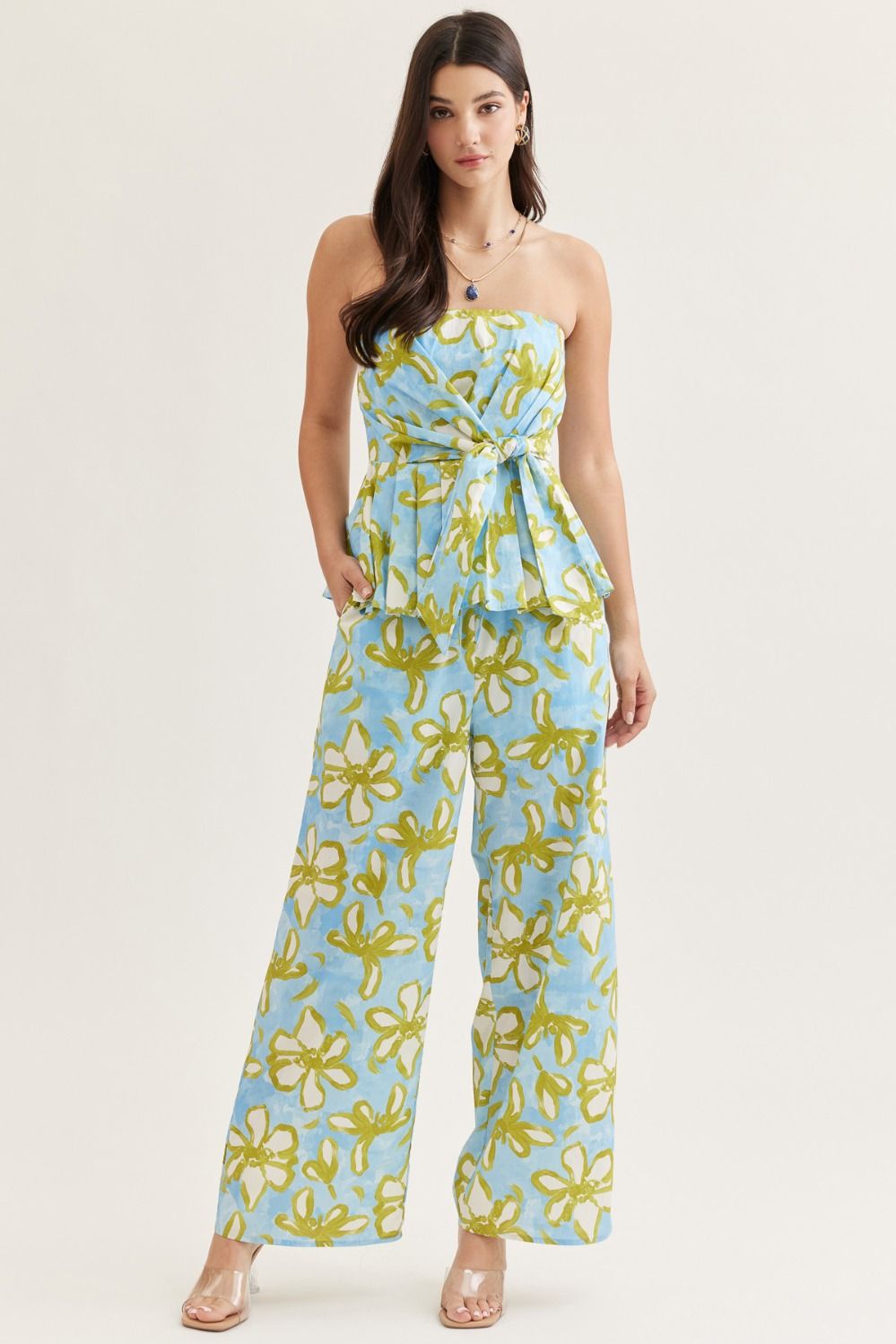 Entro Floral strapless peplum top with matching pants.