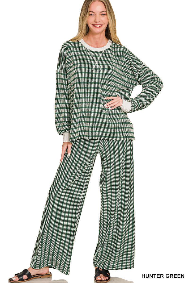 Zenana-RAISED RIB STRIPED PULLOVER & PANTS SET