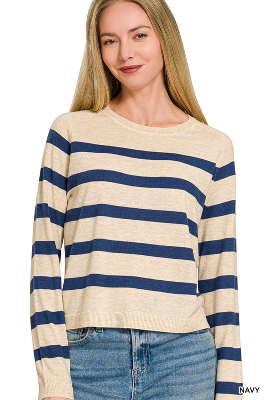 Zenana-LIGHTWEIGHT WOOL BLEND STRIPED ROUND NECK SWEATER