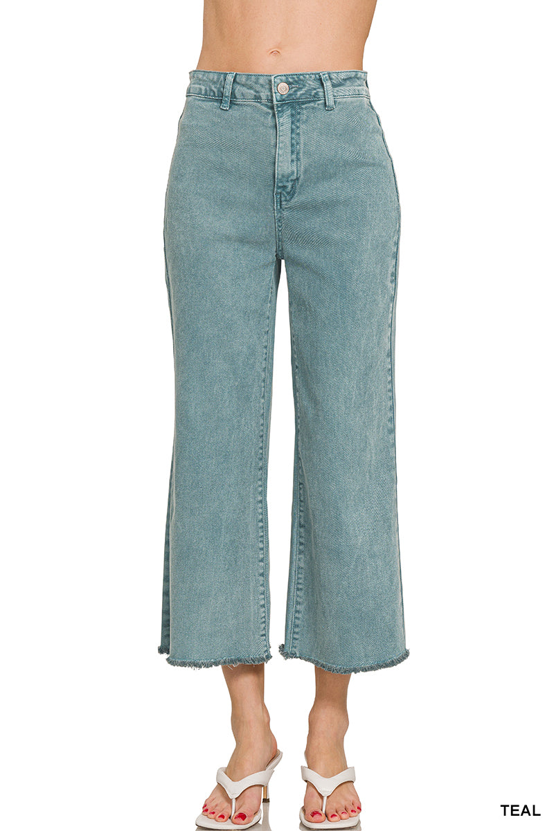 Zenana Acid Washed High Waist Frayed Wide Pants