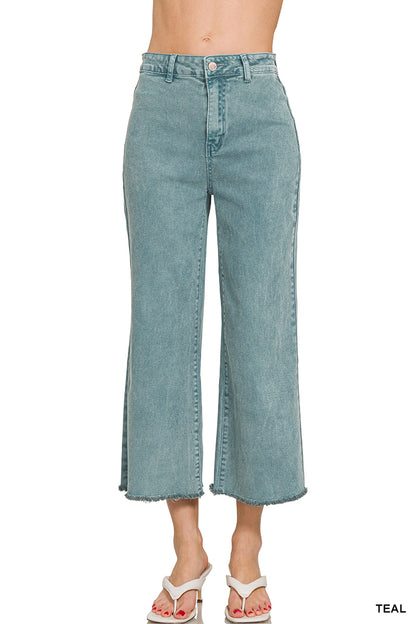 Zenana Acid Washed High Waist Frayed Wide Pants
