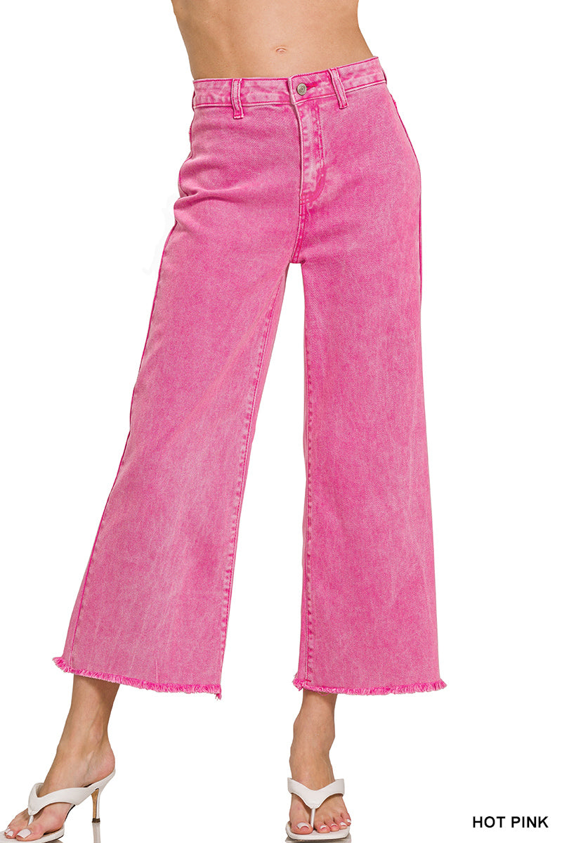 Zenana Acid Washed High Waist Frayed Wide Pants