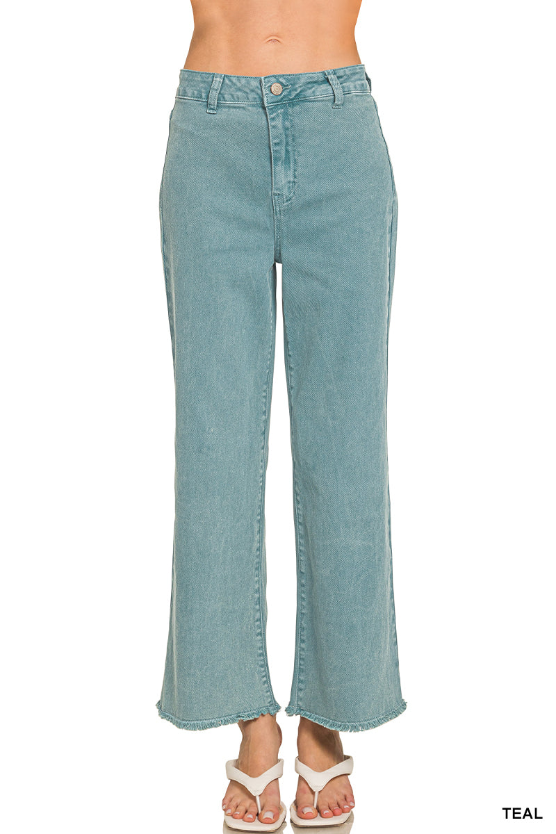 Zenana Acid Washed Frayed Cutoff Wide Pants