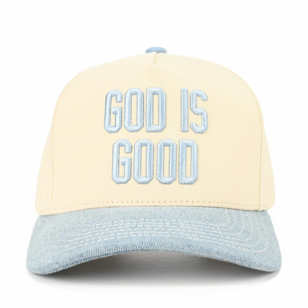 Cap with 'GOD IS GOOD' text on a white background
