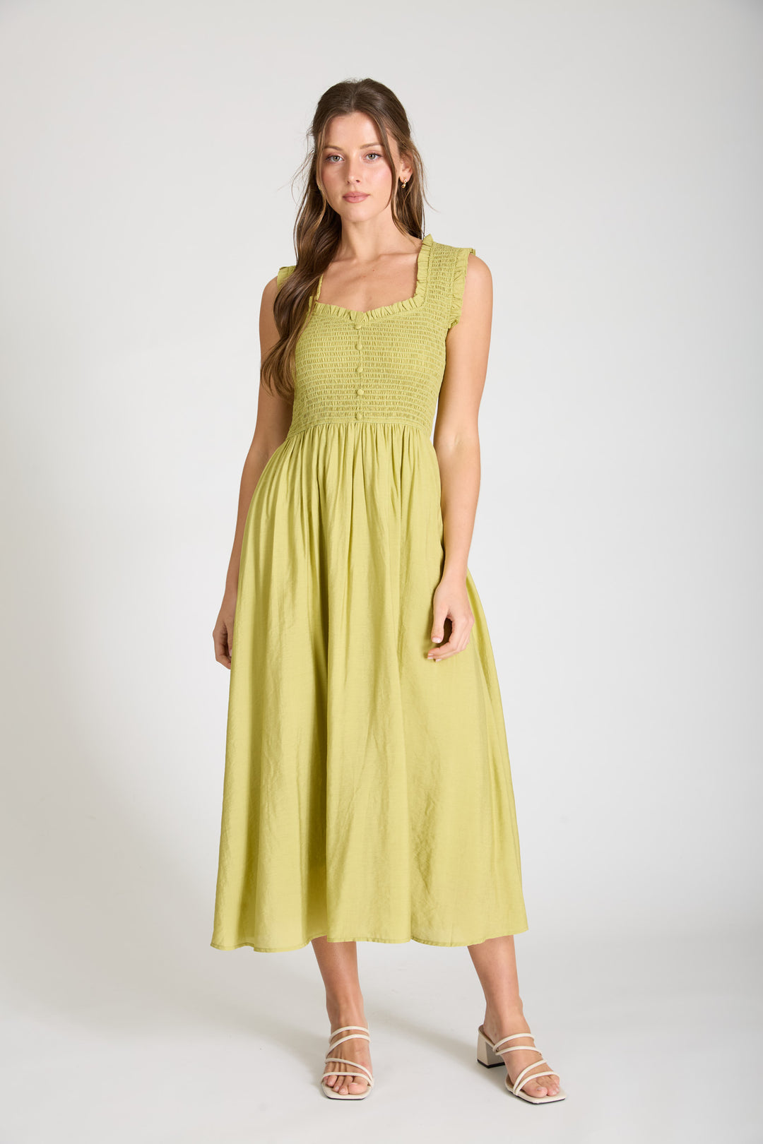 Blu Pepper Sweetheart Smocked Mock Button MIDI Dress