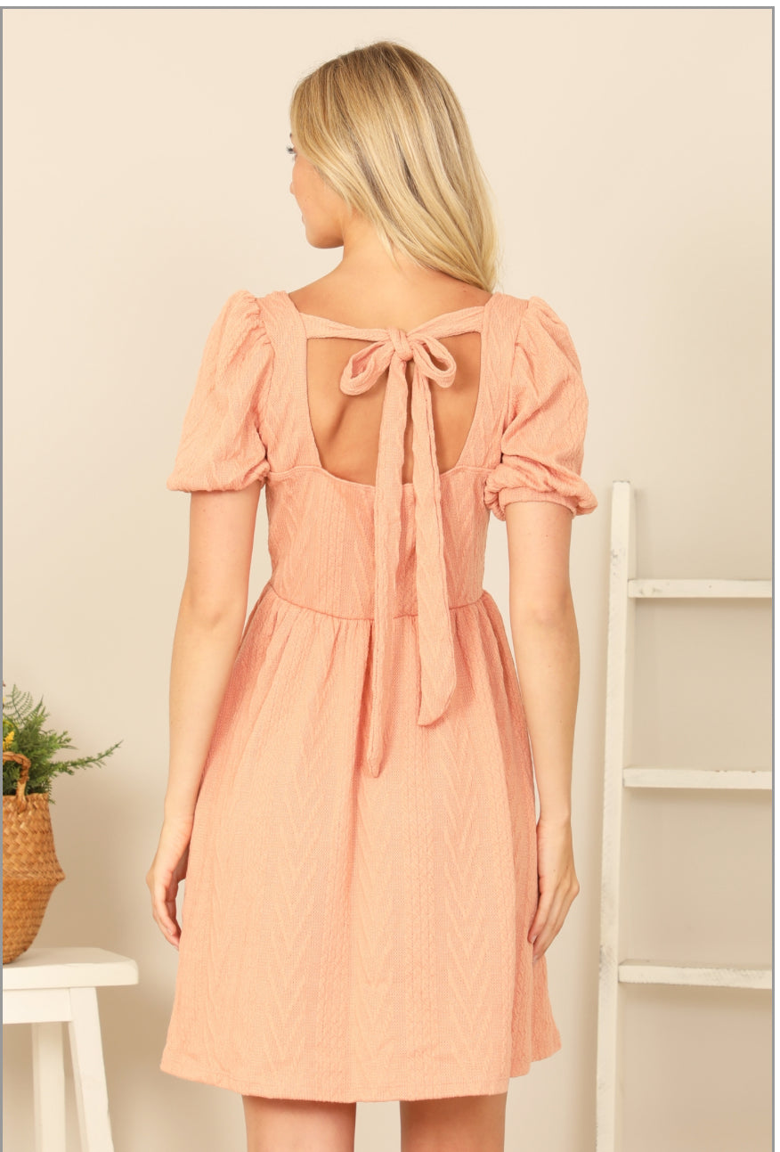 Peach Scoop Neck Ribbon Back Textured Solid Dress | USA Boutique Style