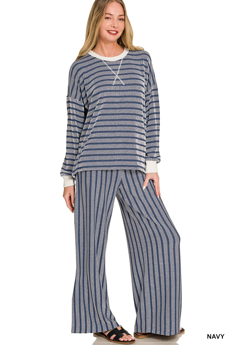 Zenana-RAISED RIB STRIPED PULLOVER & PANTS SET