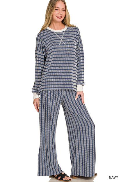 Zenana-RAISED RIB STRIPED PULLOVER & PANTS SET