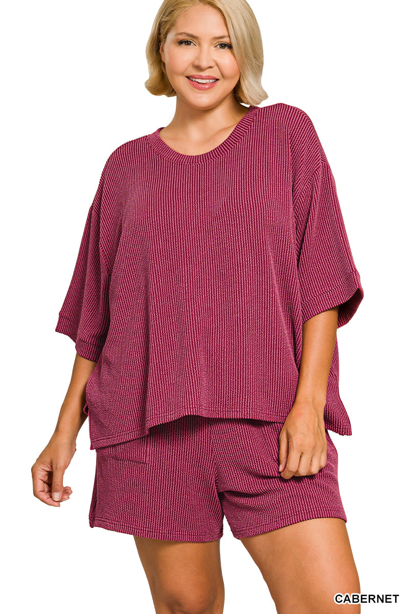 Zenana-PLUS RAISED RIB SHORT SLEEVE TEE & SHORT PANTS SET