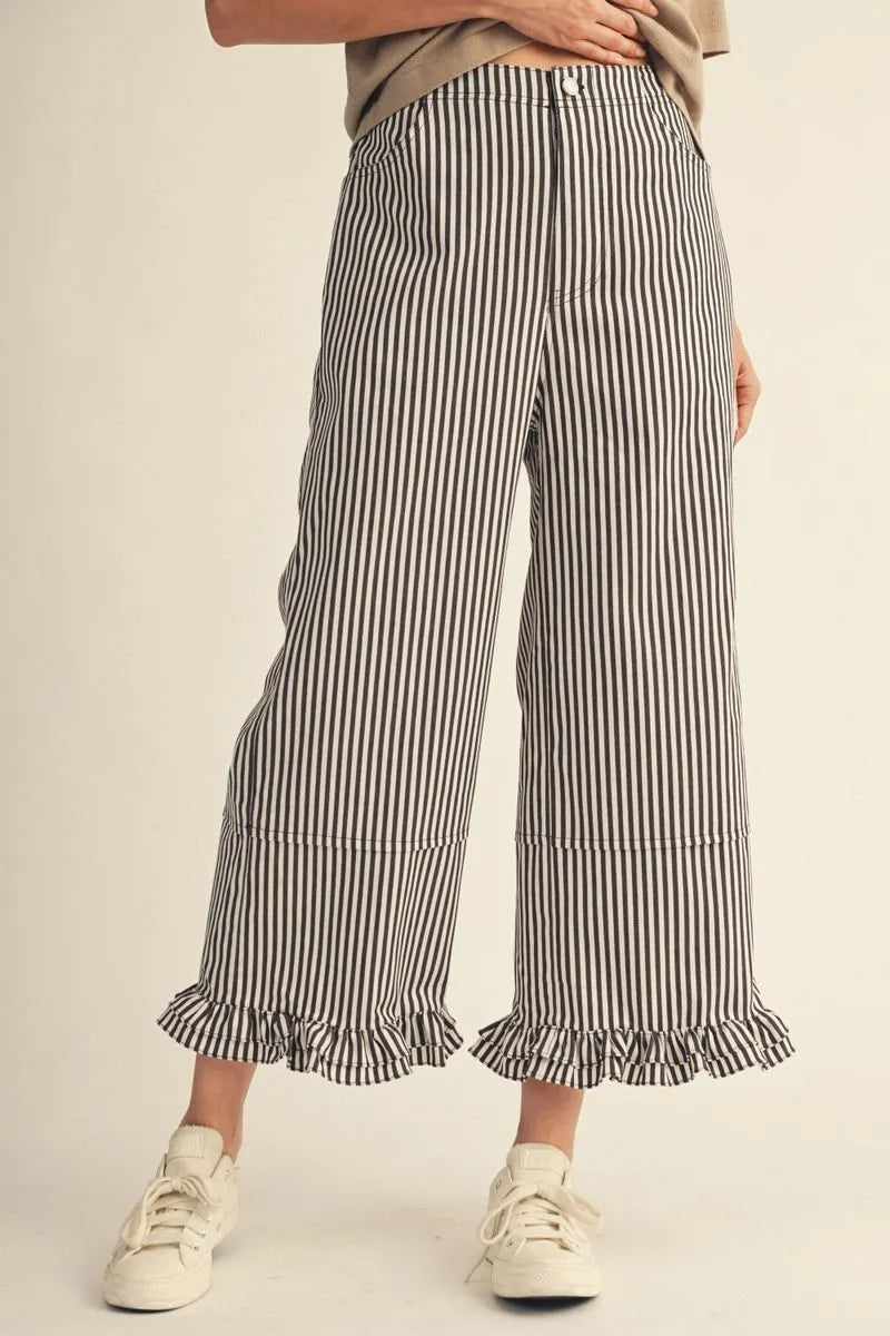 Jodifl-Wide leg stripe casual pants with ruffle hem.