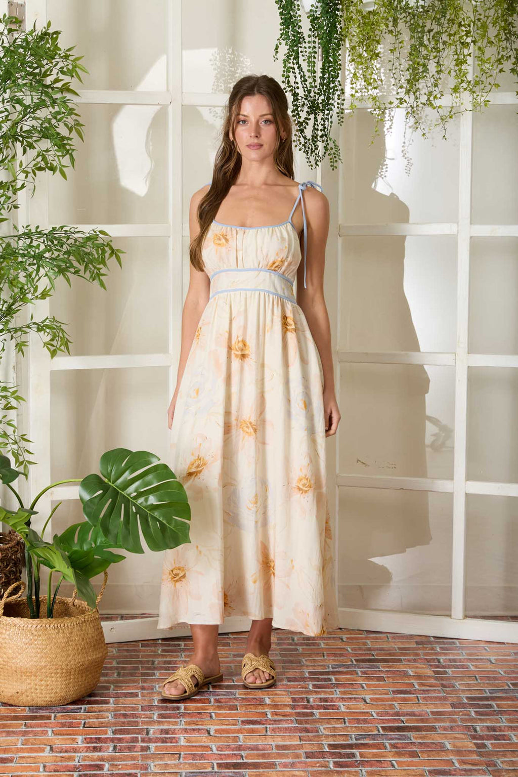 Blu Pepper WATERCOLOR FLORAL SPAGHETTI TIE STRAP MIDI DRESS