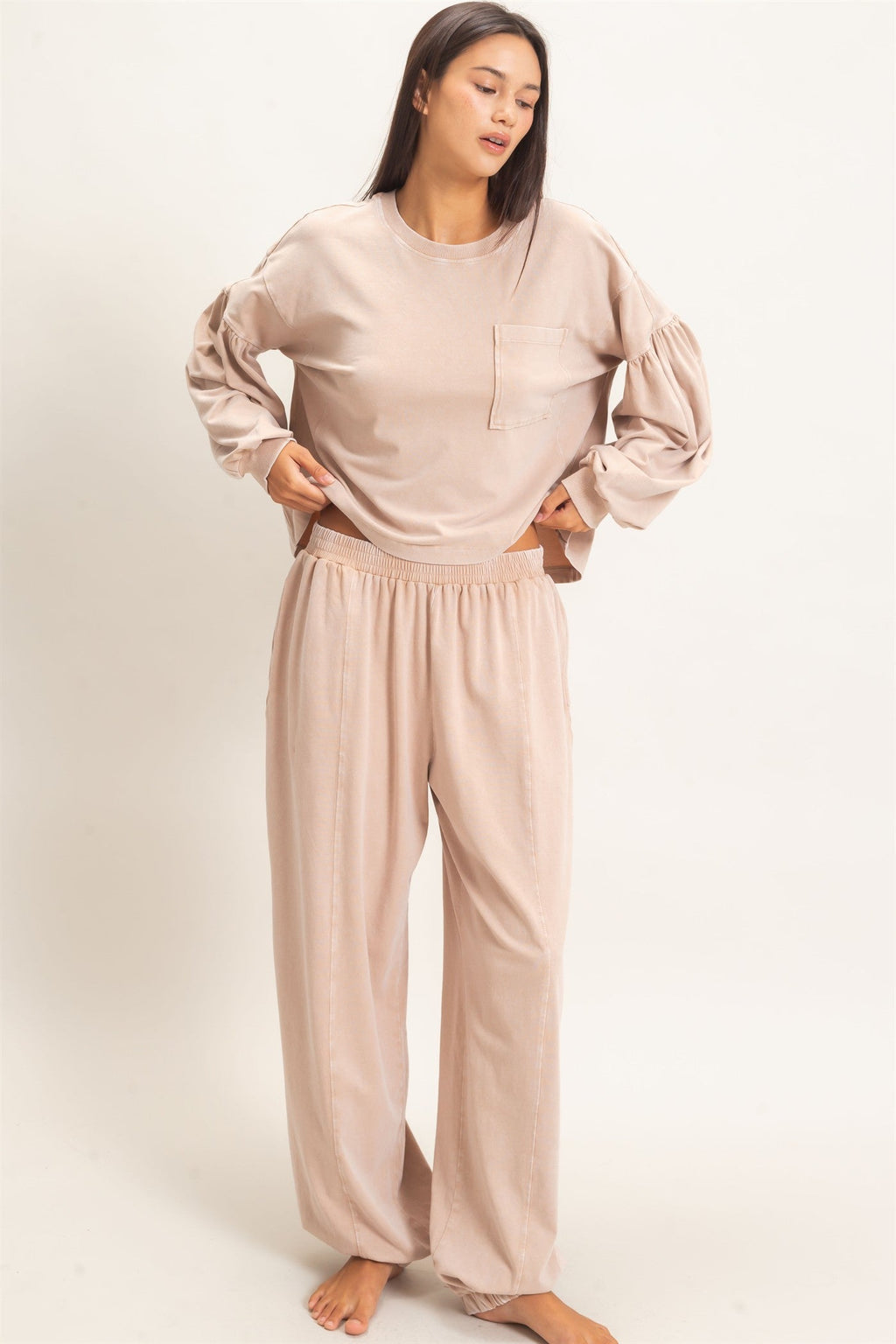 Mineral Wash Puff Long Sleeve Boxy Top,Mineral Wash Elastic Waist Jogger Pants