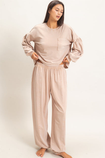 Mineral Wash Puff Long Sleeve Boxy Top,Mineral Wash Elastic Waist Jogger Pants