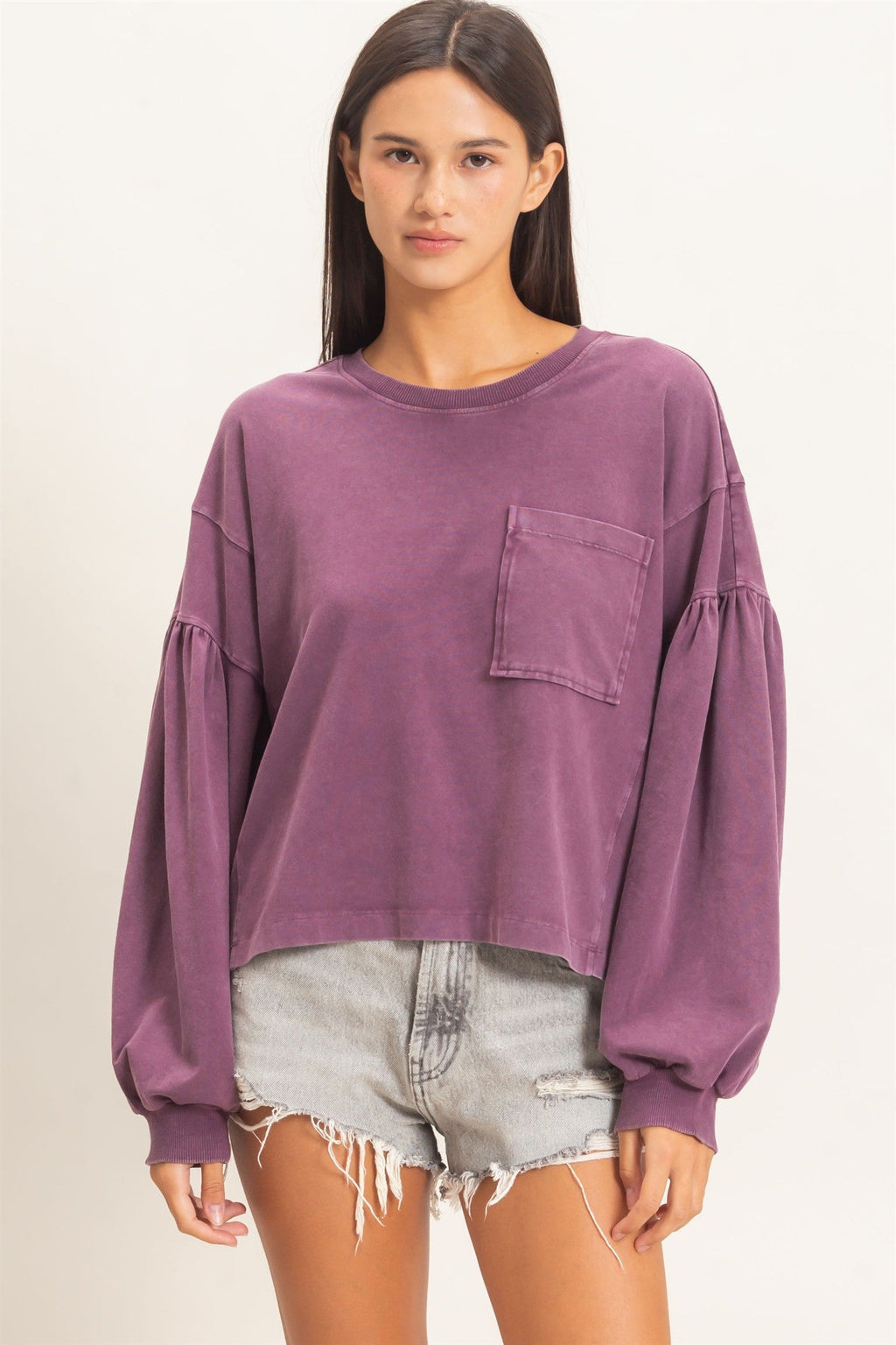 Mineral Wash Puff Long Sleeve Boxy Top,Mineral Wash Elastic Waist Jogger Pants