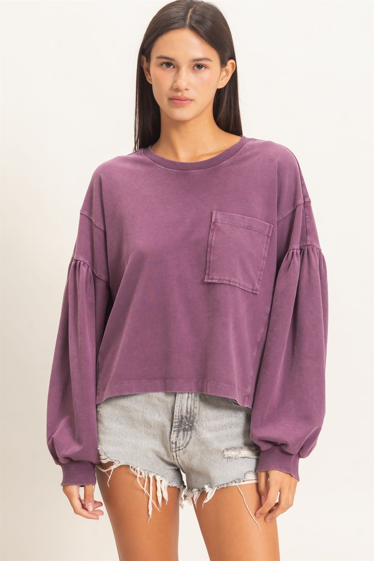Mineral Wash Puff Long Sleeve Boxy Top,Mineral Wash Elastic Waist Jogger Pants