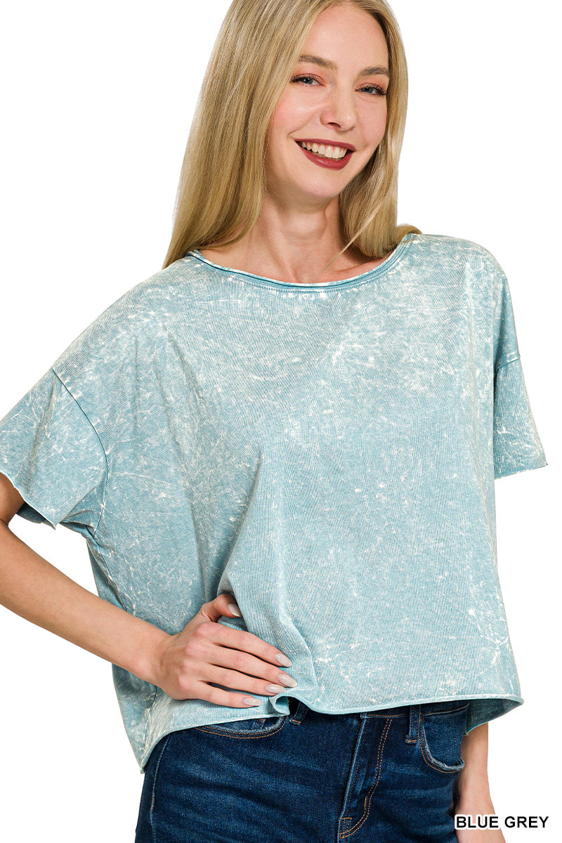 Zenana-CRINKLE WASHED CREW NECK SHORT SLEEVE CROP BOX TEE