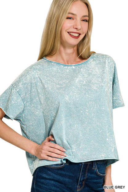 Zenana-CRINKLE WASHED CREW NECK SHORT SLEEVE CROP BOX TEE