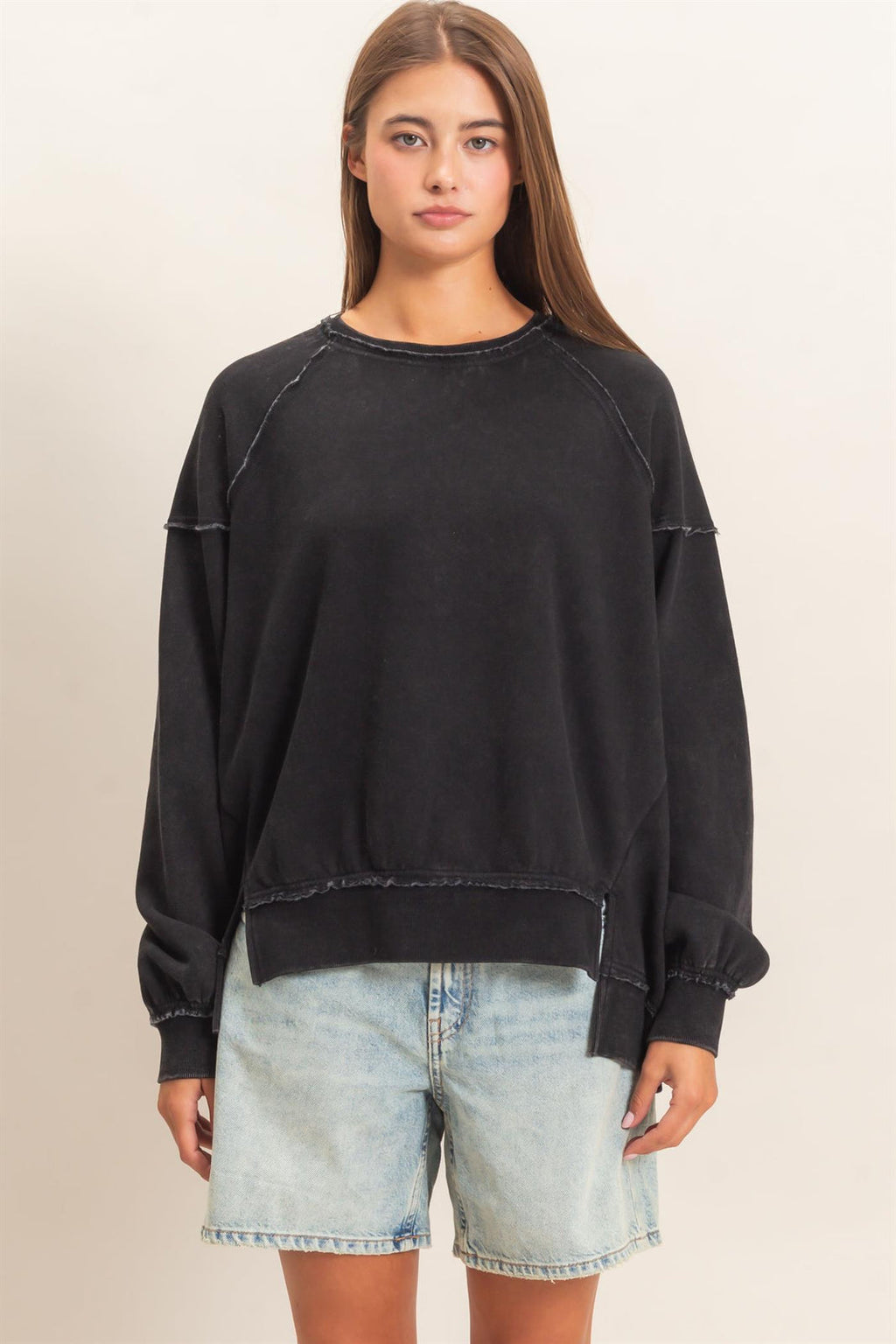 Hyfve-Acid Wash Raw Edge Sweatshirt