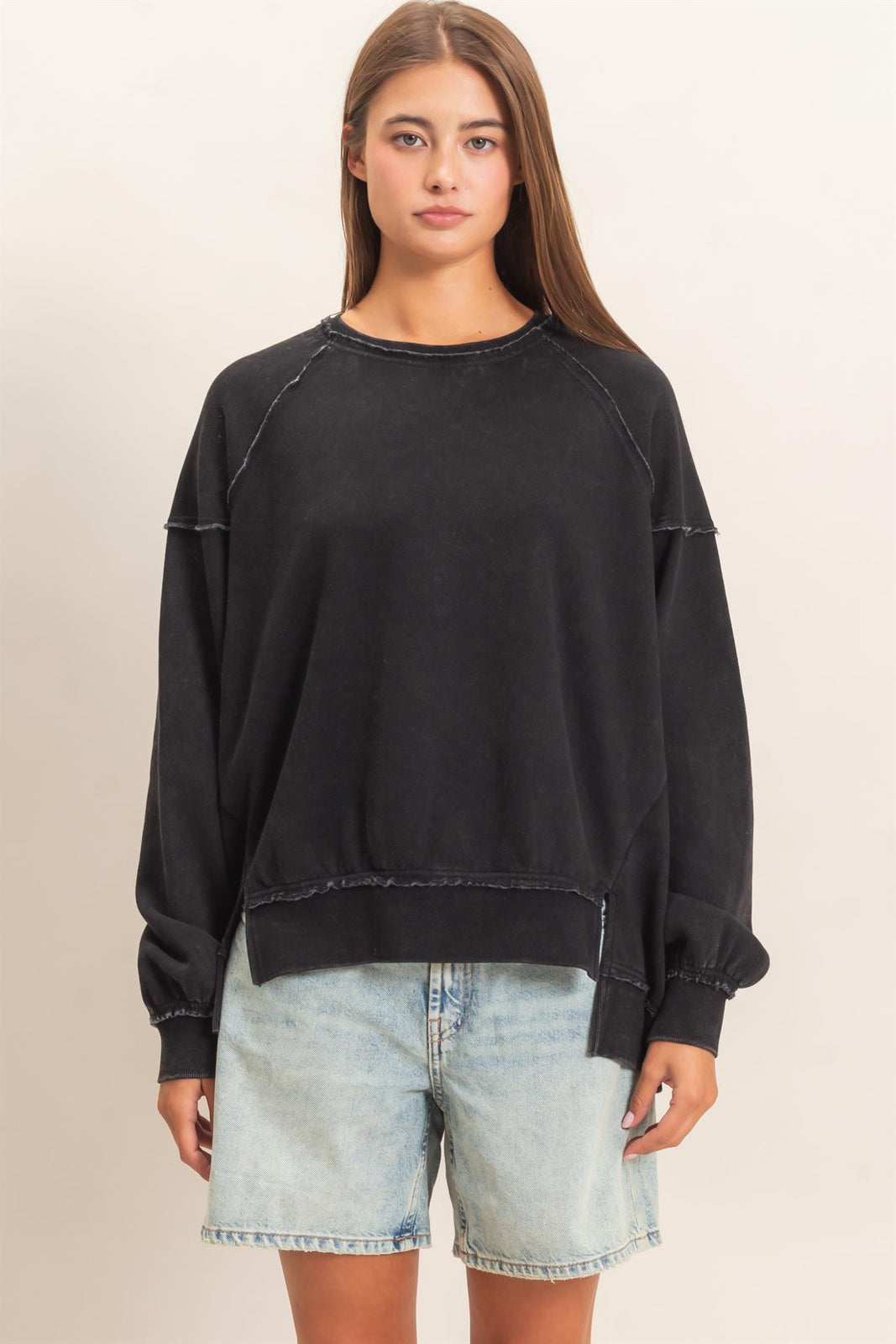 Hyfve-Acid Wash Raw Edge Sweatshirt