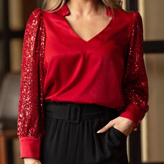 Jordan Red Sequin Sleeve V-Neck Blouse - Talk of the Town