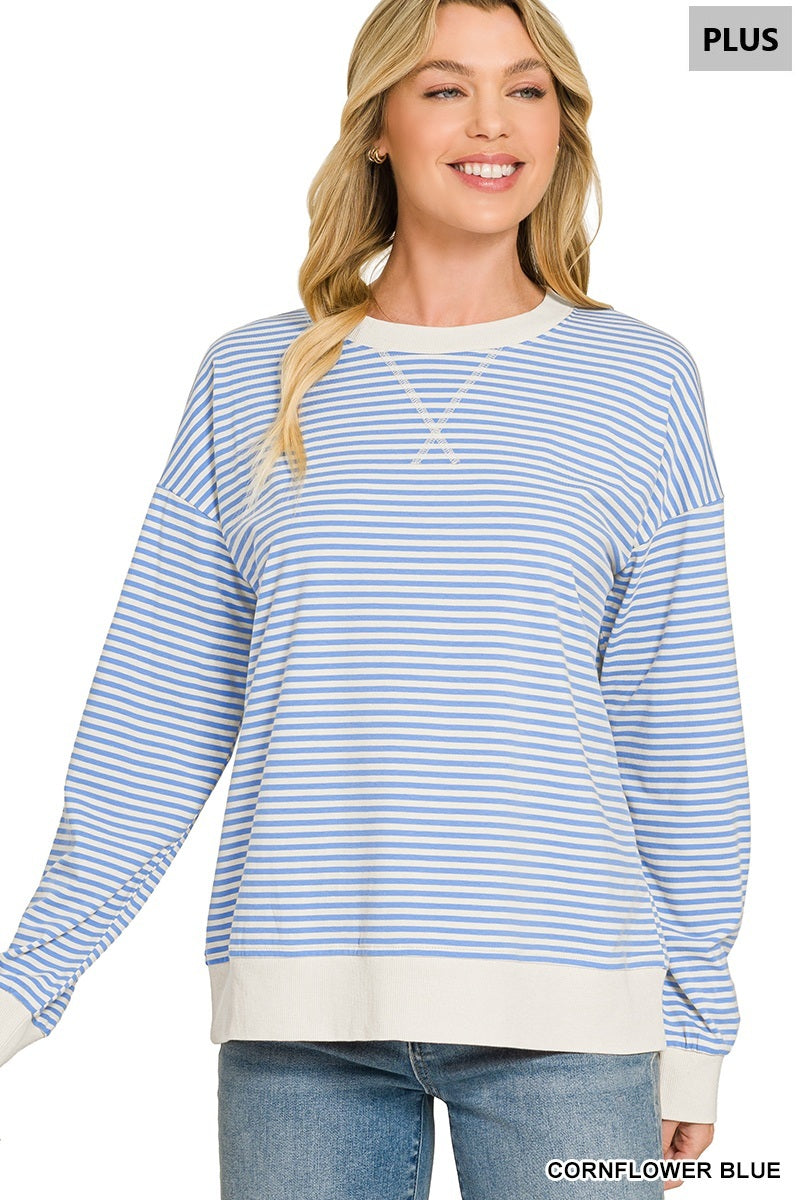 Zenana-PLUS STRIPED RIB BANDED PULLOVER