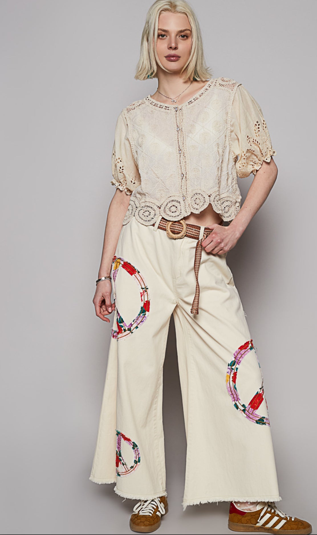 Women’s Crochet Balloon Sleeve Cardigan Abstract Print Kimono Sleeve