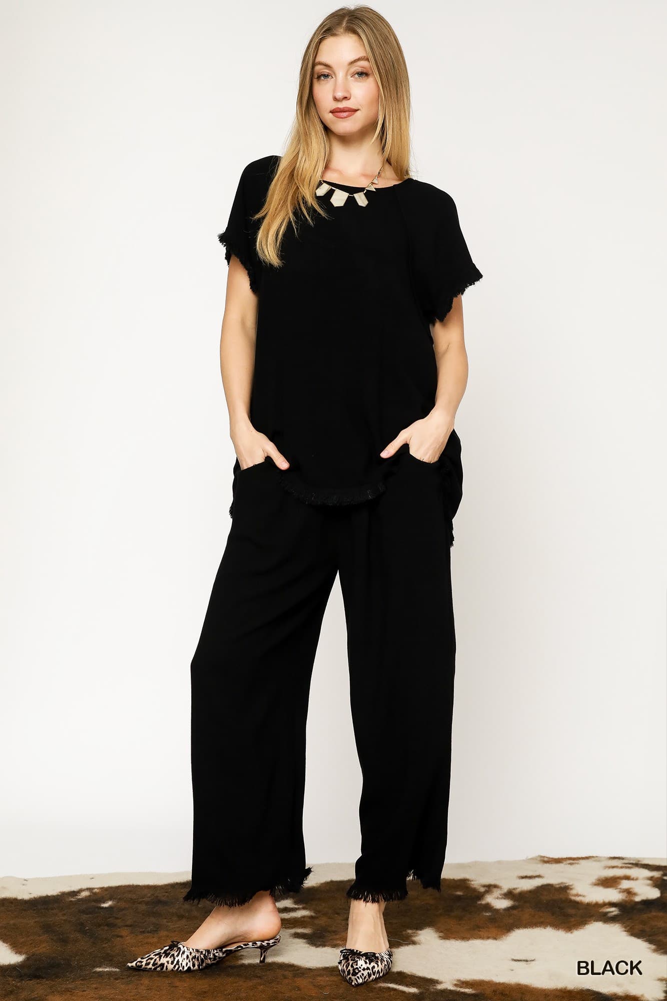 Umgee Frayed Hem Wide Leg Pants