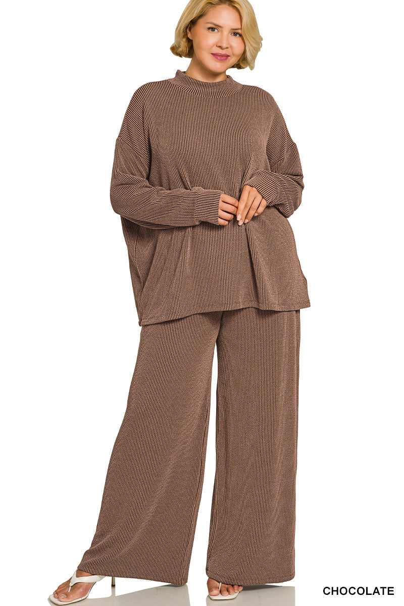 Zenana-PLUS RAISED RIB MOCK NECK LONG SLEEVE TEE & PANTS SET