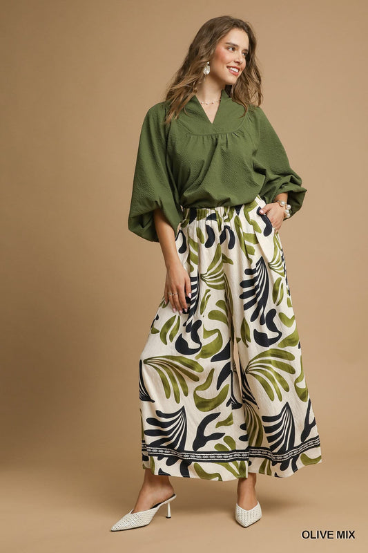Umgee Mix Tropical Leaf Print Wide Leg Pants