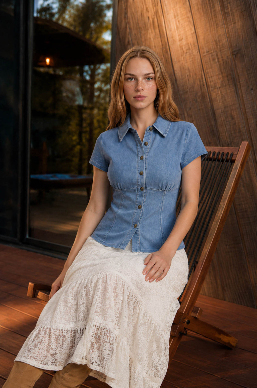 Blu Pepper-COLLARED BUTTON DOWN CINCHED WAIST DENIM TOP