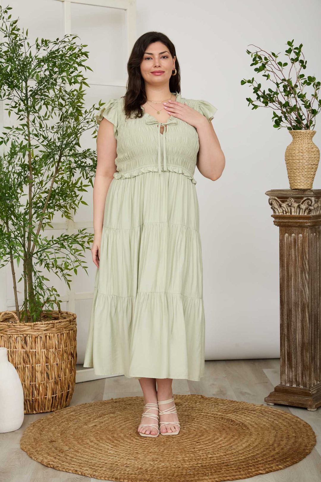 PLUS Size Blu Pepper SMOCKED FRONT TIE RUFFLE DETAIL TIERED MIDI DRESS