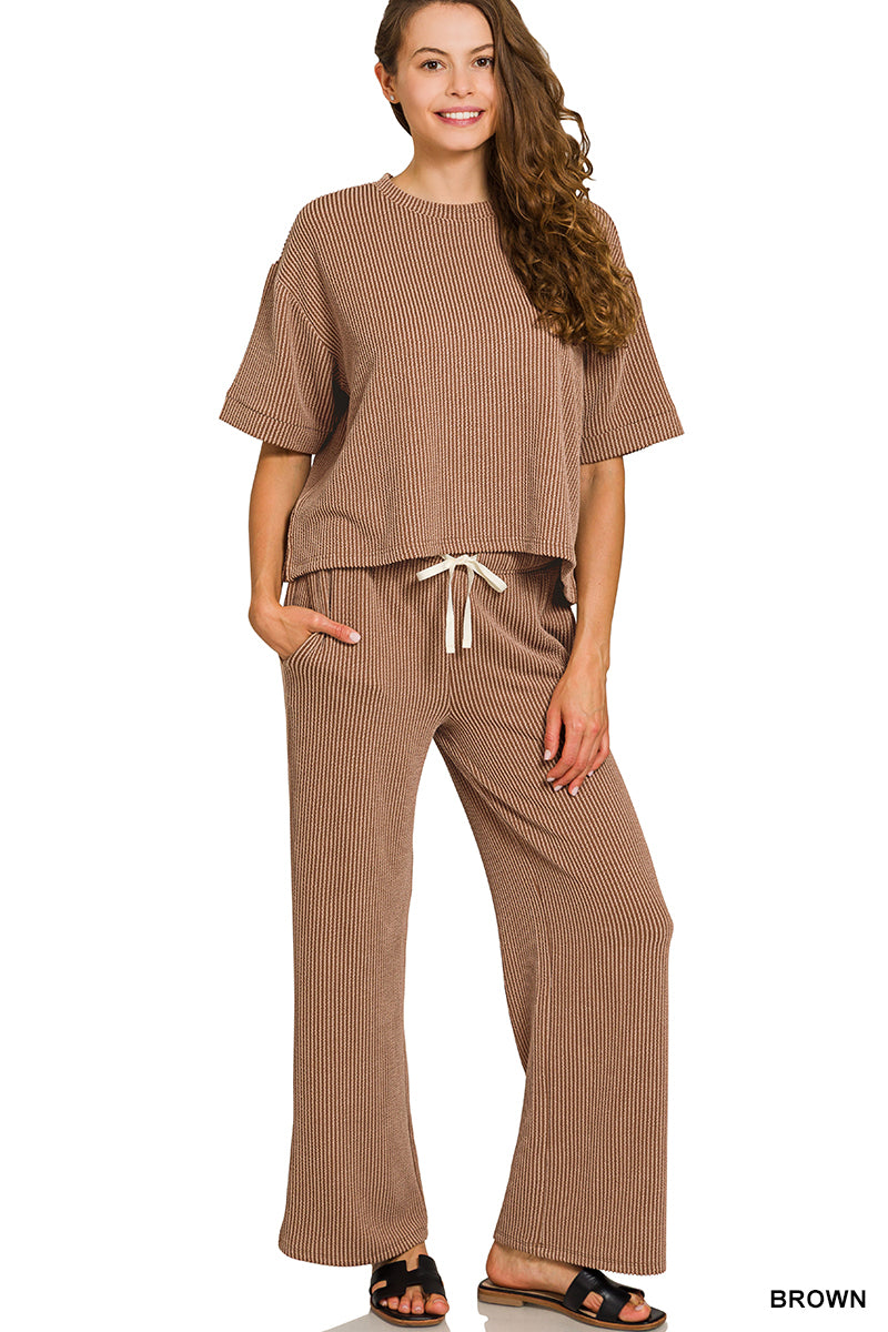 Zenana-RAISED RIB SHORT SLEEVE TEE & PANTS SET