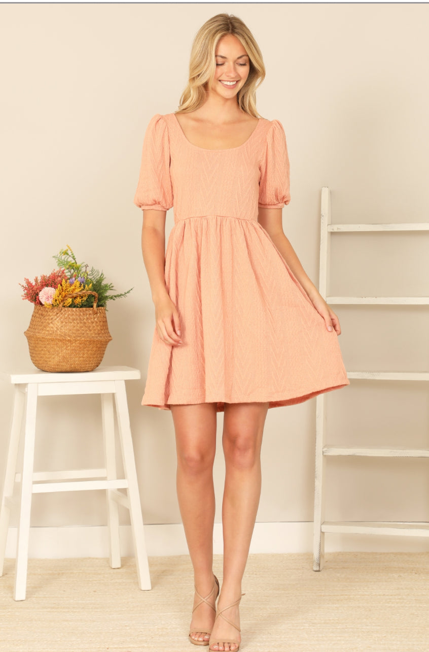 Peach Scoop Neck Ribbon Back Textured Solid Dress | USA Boutique Style