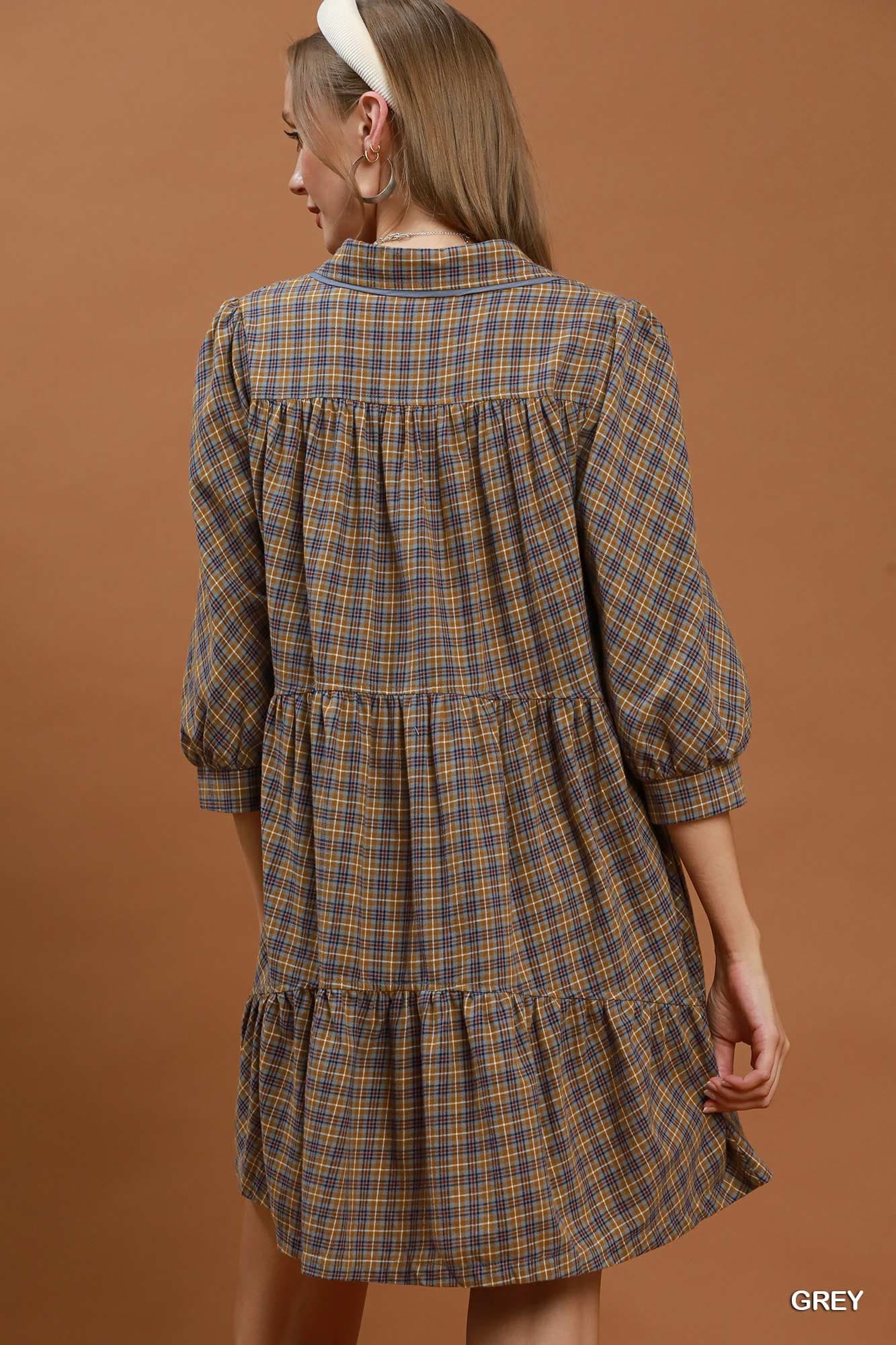 Umgee-Plaid Button Down Oversized Shirt Dress