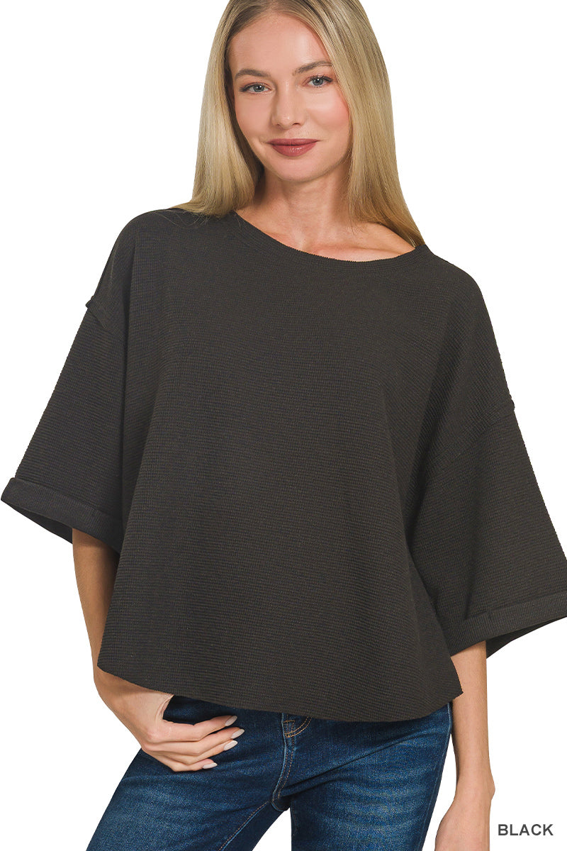 Zenana- DOUBLE KNIT EXPOSED SEAM CURVED HEM SHORT SLEEVE TOP