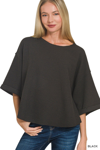 Zenana- DOUBLE KNIT EXPOSED SEAM CURVED HEM SHORT SLEEVE TOP