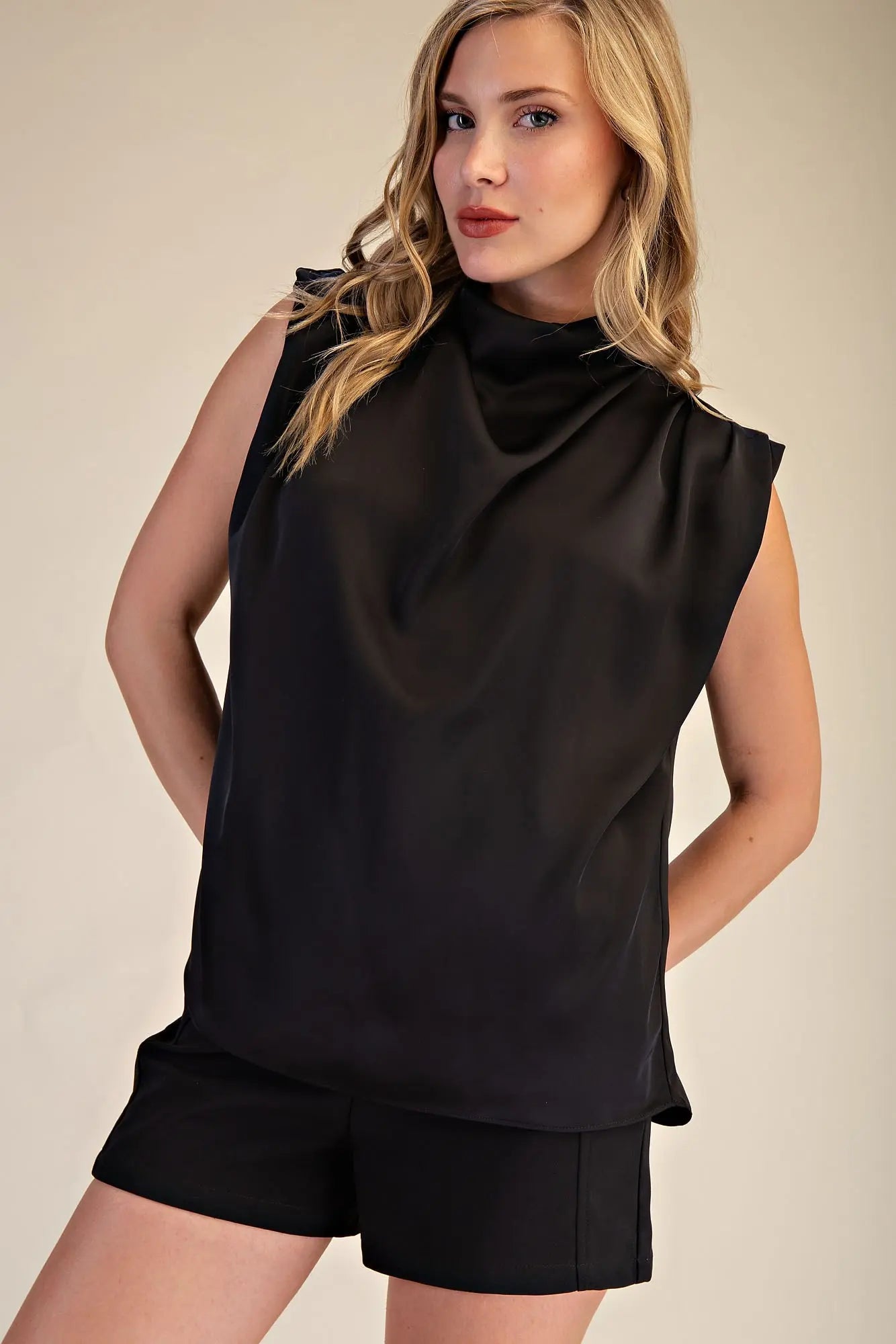Cowl Neck Pleats Sleeveless Top