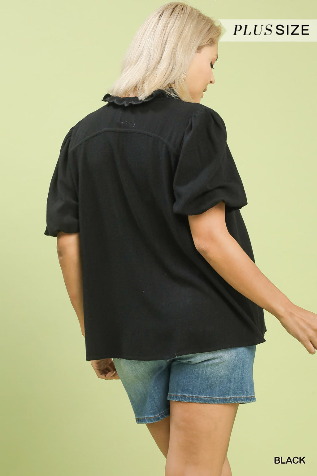 Plus Size Umgee Linen Scallop Trim V-Neck Top