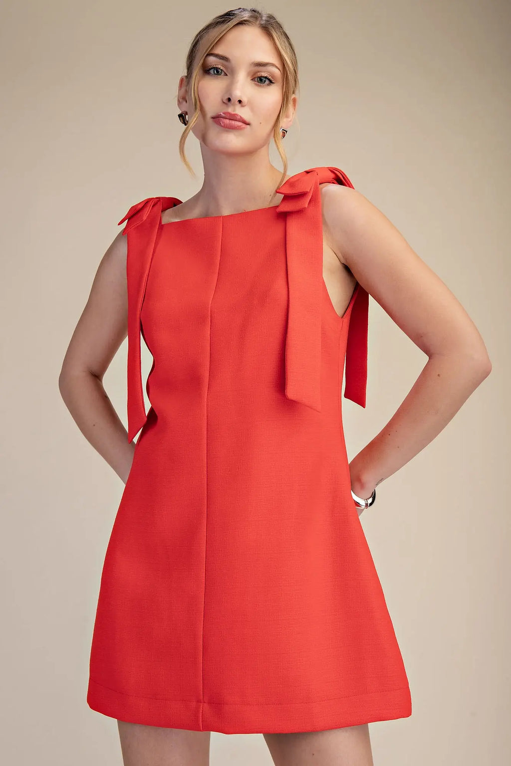 Glam Straight Neckline Bow Mini Dress