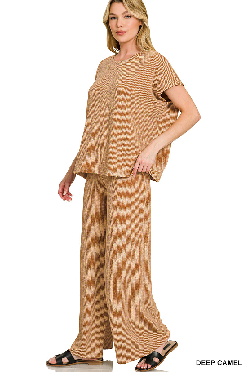 Zenana-RAISED RIB RELAXED TOP & PANTS SET