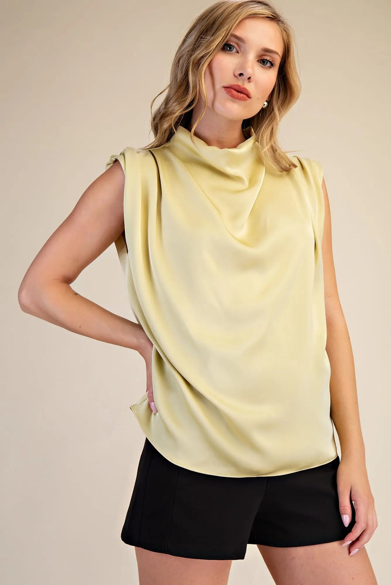 Cowl Neck Pleats Sleeveless Top