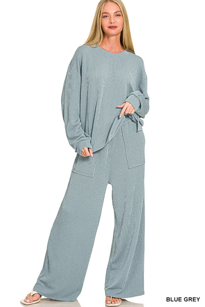 Zenana-Raised Rib pant set w/pockets