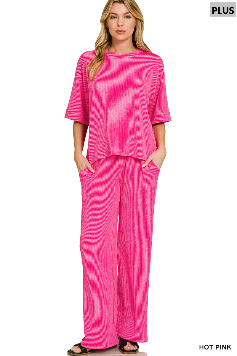 PLUS-Zenana RAISED RIB SHORT SLEEVE TEE & PANTS SET